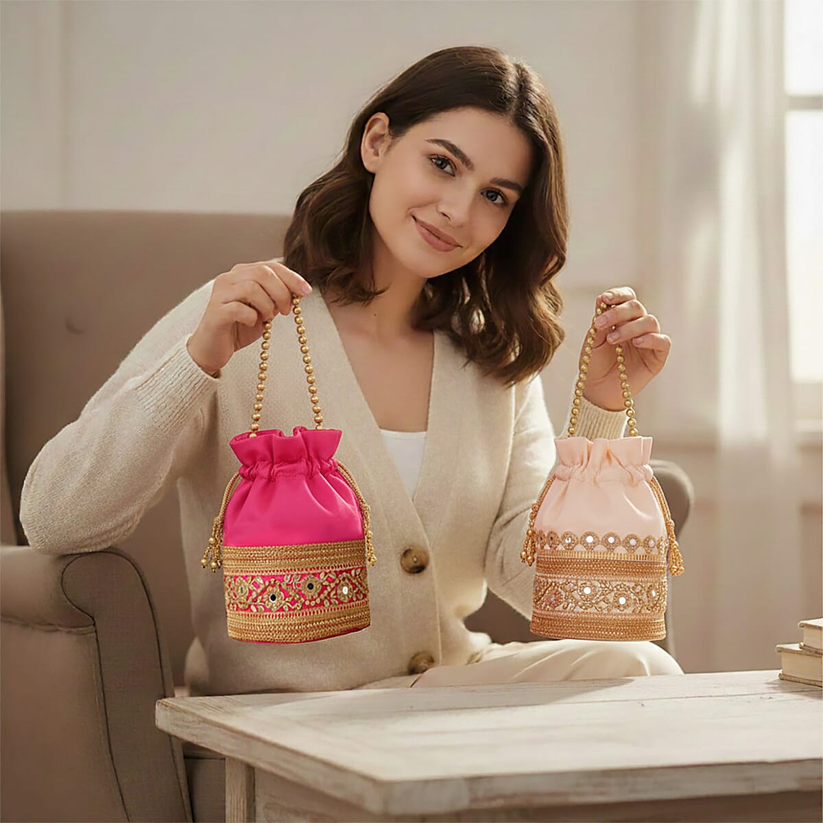 Livmore Baby Pink & Fuchsia Set of 2 Handcrafted Zardozi Work Potli Bag image number 4