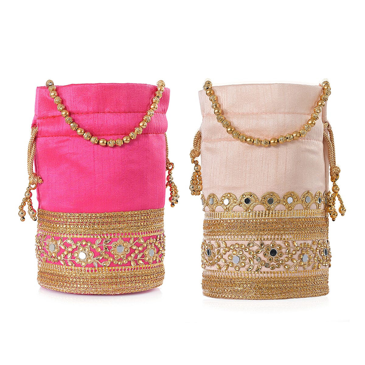 Livmore Baby Pink & Fuchsia Set of 2 Handcrafted Zardozi Work Potli Bag image number 6