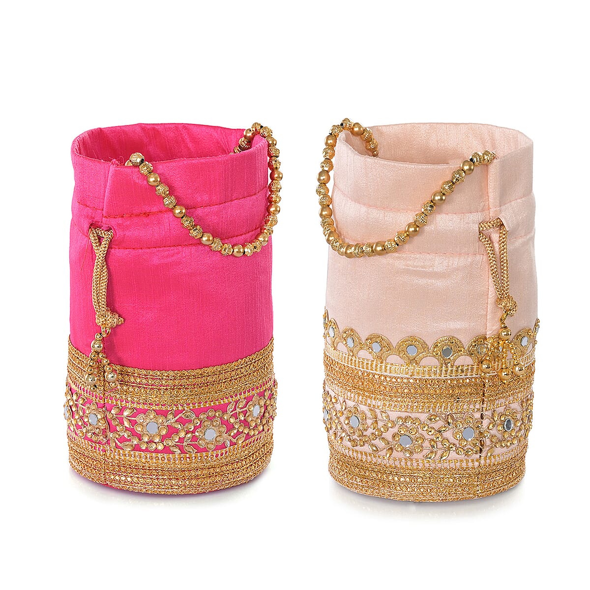 Livmore Baby Pink & Fuchsia Set of 2 Handcrafted Zardozi Work Potli Bag image number 7