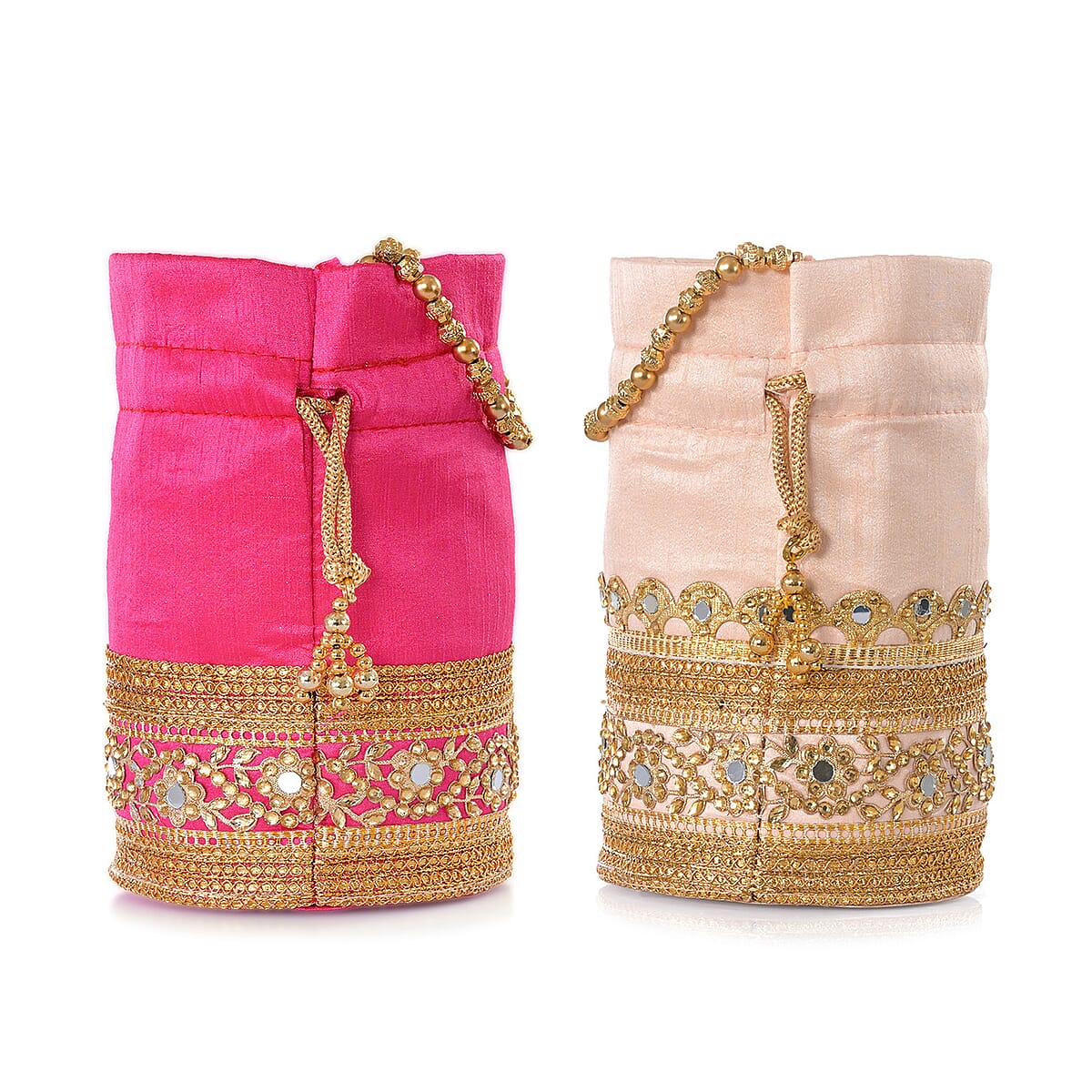 Livmore Baby Pink & Fuchsia Set of 2 Handcrafted Zardozi Work Potli Bag image number 8