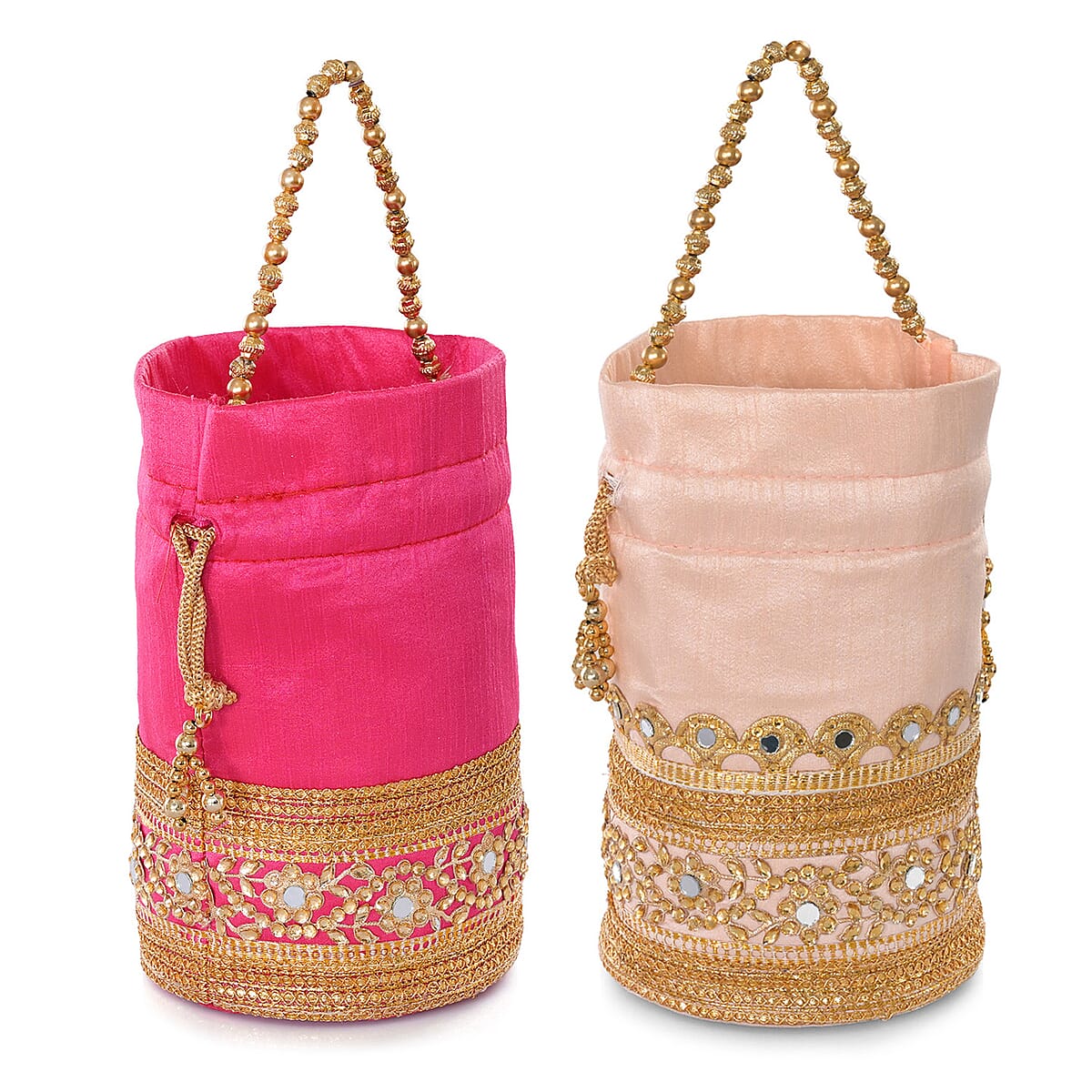 Livmore Baby Pink & Fuchsia Set of 2 Handcrafted Zardozi Work Potli Bag image number 9