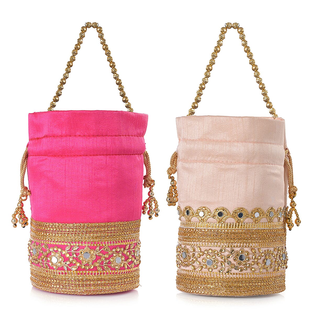 Livmore Baby Pink & Fuchsia Set of 2 Handcrafted Zardozi Work Potli Bag image number 10