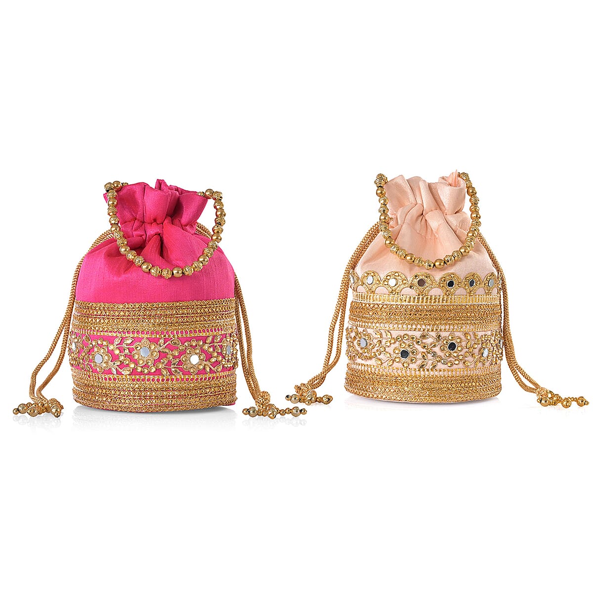 Livmore Baby Pink & Fuchsia Set of 2 Handcrafted Zardozi Work Potli Bag image number 11
