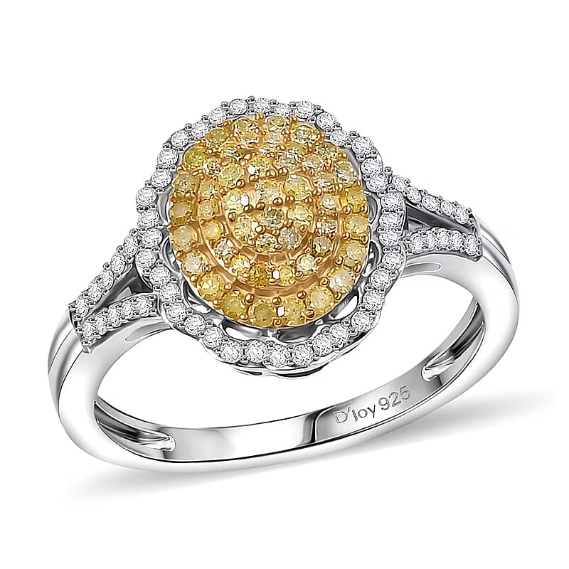 D'Joy Natural Yellow and White Diamond I3 0.50 ctw Sunflower Radiance Ring in Rhodium Over Sterling Silver (Size 10.0) (Del. In 13-15 Days)