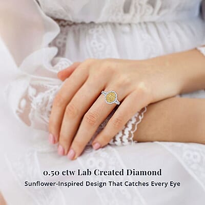 D'Joy Natural Yellow and White Diamond I3 0.50 ctw Sunflower Radiance Ring in Rhodium Over Sterling Silver (Size 10.0) (Del. In 13-15 Days)