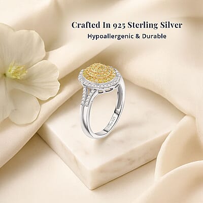 D'Joy Natural Yellow and White Diamond I3 0.50 ctw Sunflower Radiance Ring in Rhodium Over Sterling Silver (Size 10.0) (Del. In 13-15 Days)