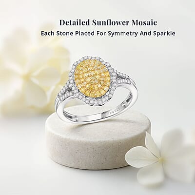 D'Joy Natural Yellow and White Diamond I3 0.50 ctw Sunflower Radiance Ring in Rhodium Over Sterling Silver (Size 10.0) (Del. In 13-15 Days)