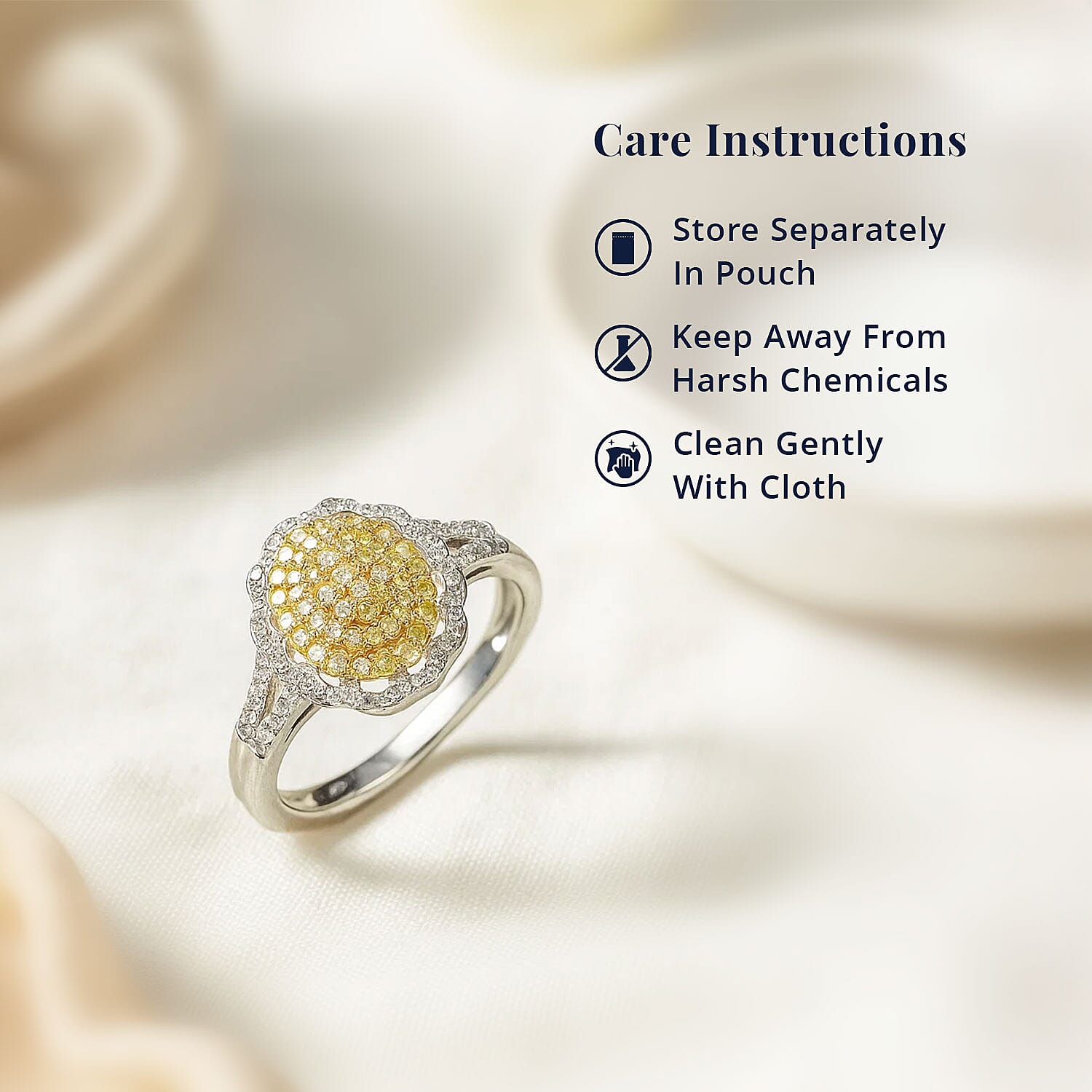 D'Joy Natural Yellow and White Diamond I3 0.50 ctw Sunflower Radiance Ring in Rhodium Over Sterling Silver (Size 10.0) (Del. In 13-15 Days)