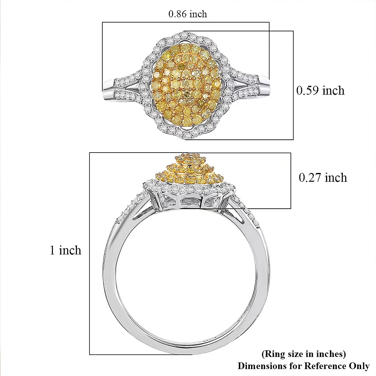 D'Joy Natural Yellow and White Diamond I3 0.50 ctw Sunflower Radiance Ring in Rhodium Over Sterling Silver (Size 10.0) (Del. In 13-15 Days)