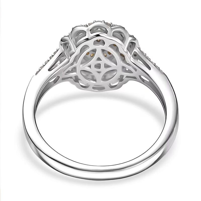 D'Joy Natural Yellow and White Diamond I3 0.50 ctw Sunflower Radiance Ring in Rhodium Over Sterling Silver (Size 10.0) (Del. In 13-15 Days)