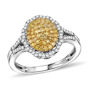 D'Joy Natural Yellow and White Diamond I3 0.50 ctw Sunflower Radiance Ring in Rhodium Over Sterling Silver (Size 7.0)