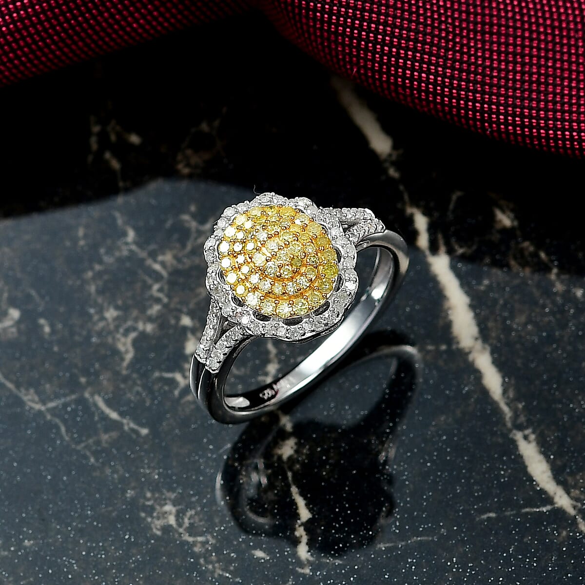 D'Joy Natural Yellow and White Diamond I3 0.50 ctw Sunflower Radiance Ring in Rhodium Over Sterling Silver (Size 7.0) image number 1