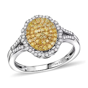D'Joy Natural Yellow and White Diamond I3 0.50 ctw Sunflower Radiance Ring in Rhodium Over Sterling Silver (Size 8.0)