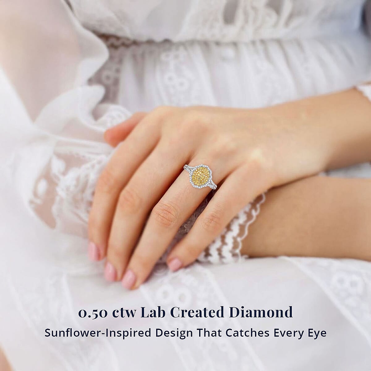 D'Joy Natural Yellow and White Diamond I3 0.50 ctw Sunflower Radiance Ring in Rhodium Over Sterling Silver (Size 9.0) image number 1