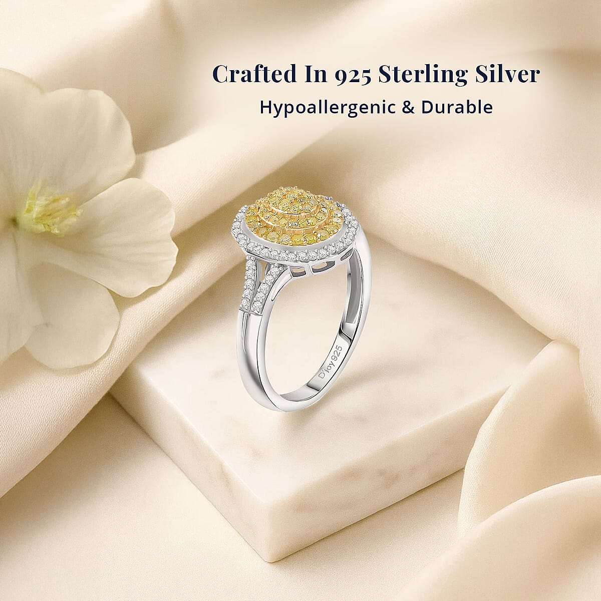 D'Joy Natural Yellow and White Diamond I3 0.50 ctw Sunflower Radiance Ring in Rhodium Over Sterling Silver (Size 9.0) image number 2