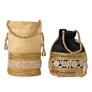 Livmore Black & Cream Set of 2 Handcrafted Zardozi Work Potli Bag