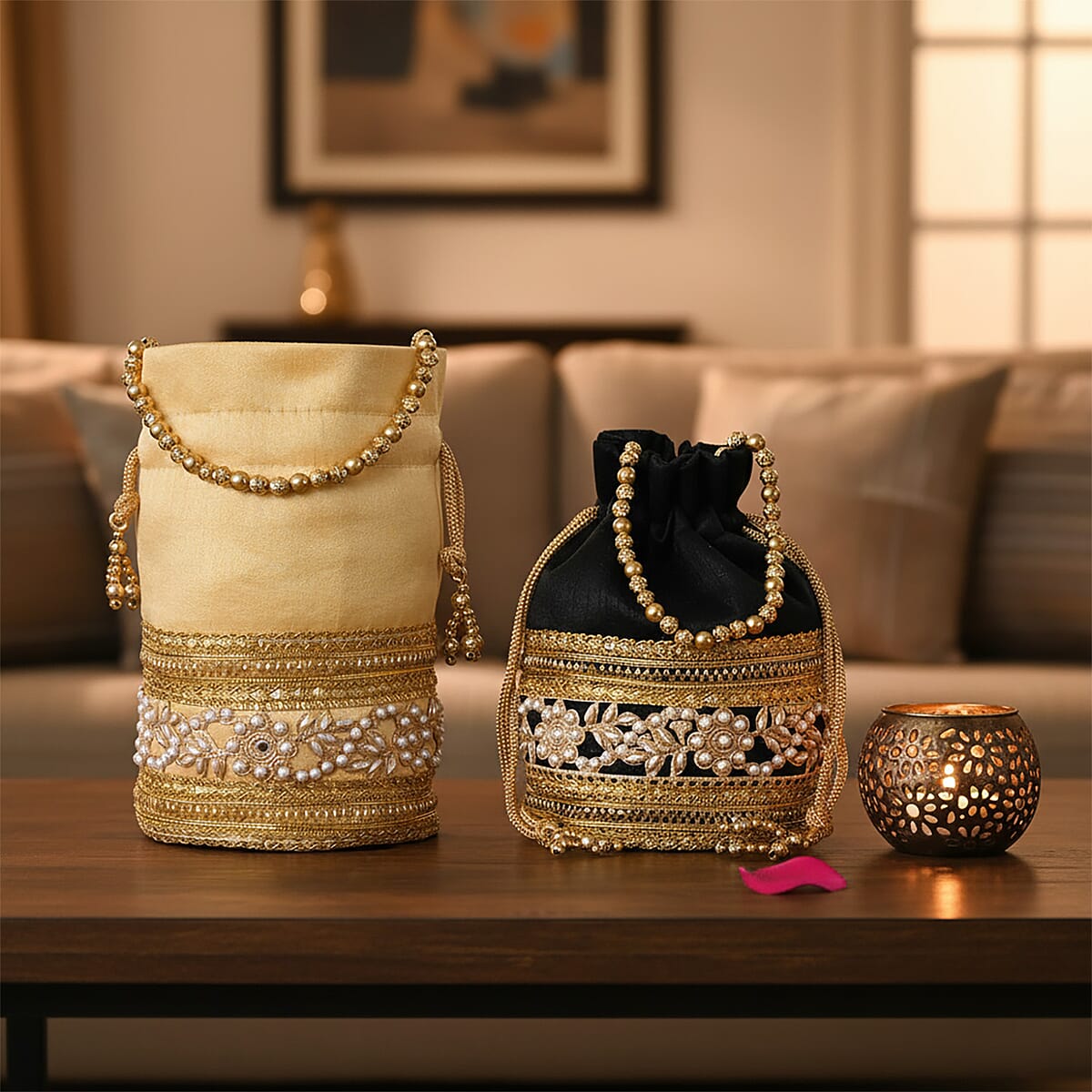 Livmore Black & Cream Set of 2 Handcrafted Zardozi Work Potli Bag image number 1