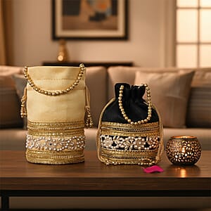 Livmore Black & Cream Set of 2 Handcrafted Zardozi Work Potli Bag