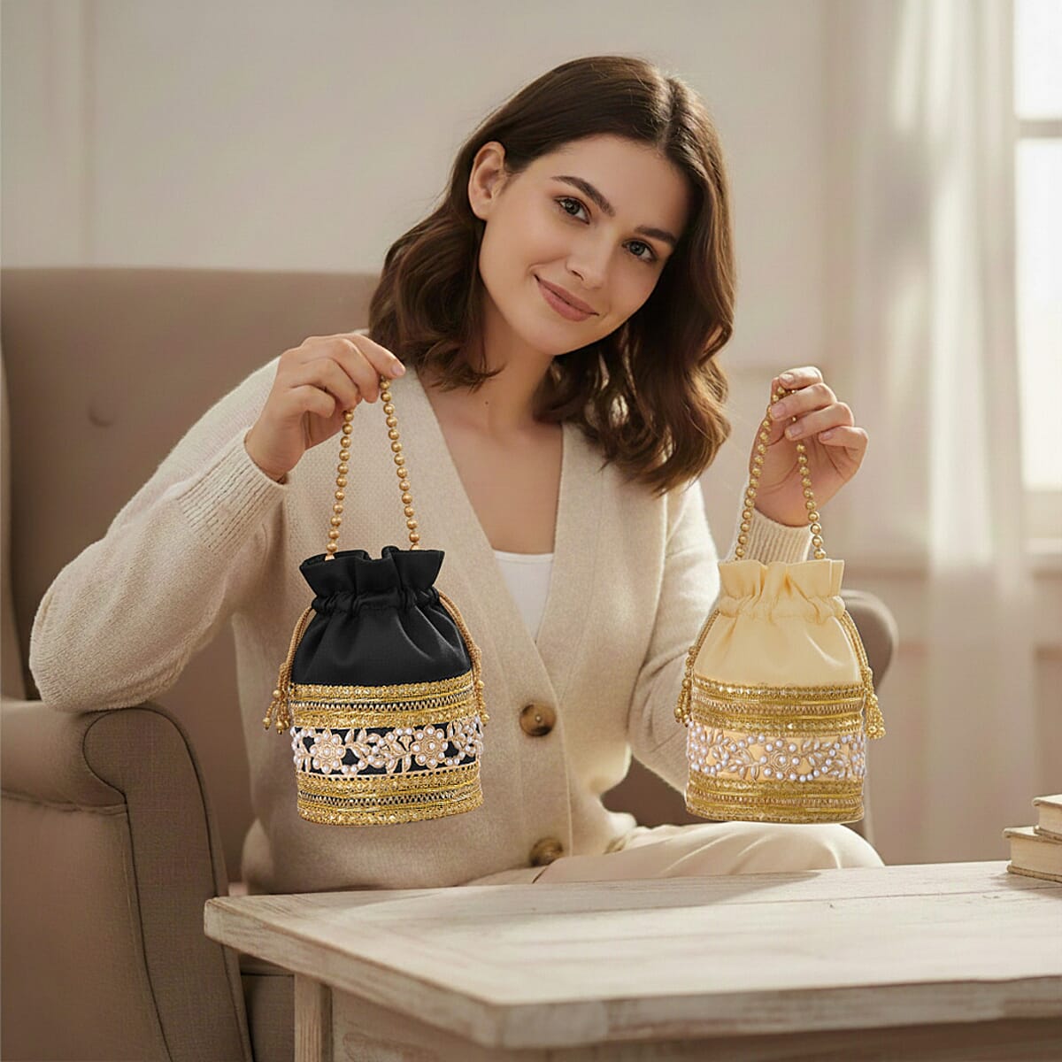 Livmore Black & Cream Set of 2 Handcrafted Zardozi Work Potli Bag image number 4