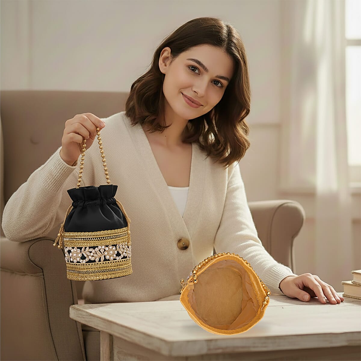 Livmore Black & Cream Set of 2 Handcrafted Zardozi Work Potli Bag image number 5