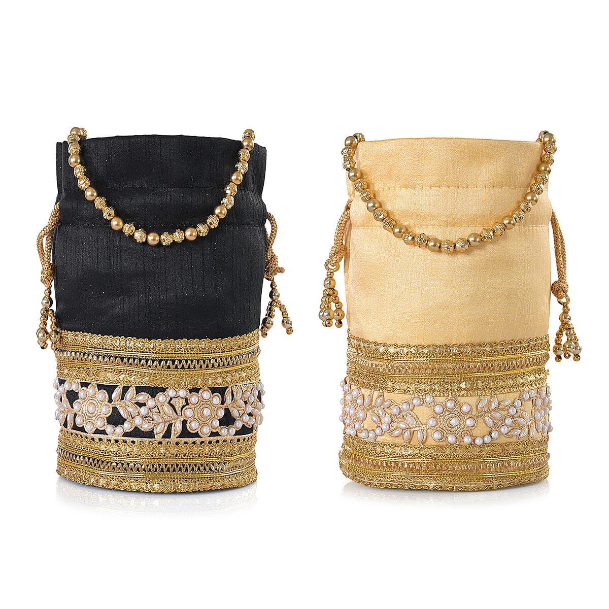 Livmore Black & Cream Set of 2 Handcrafted Zardozi Work Potli Bag image number 6