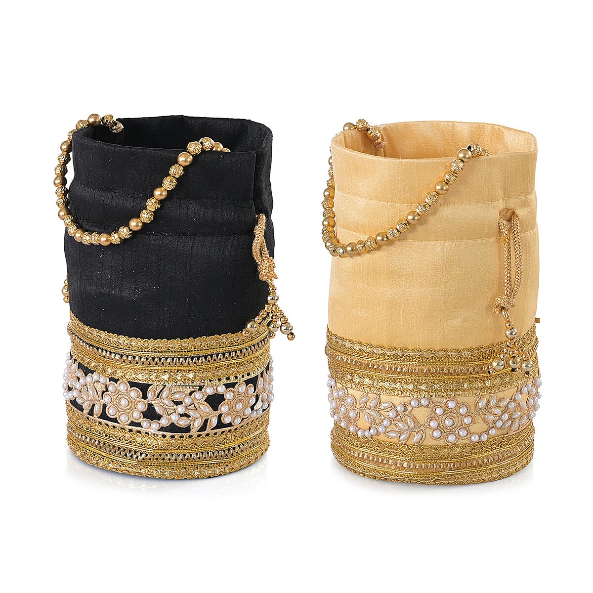 Livmore Black & Cream Set of 2 Handcrafted Zardozi Work Potli Bag image number 7