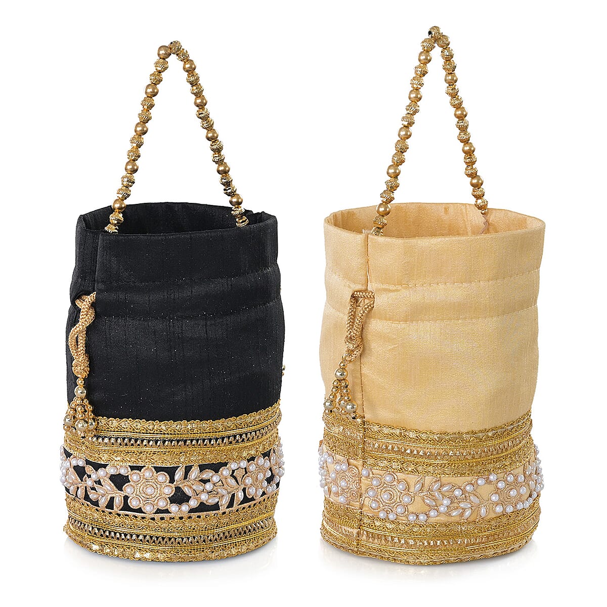 Livmore Black & Cream Set of 2 Handcrafted Zardozi Work Potli Bag image number 9