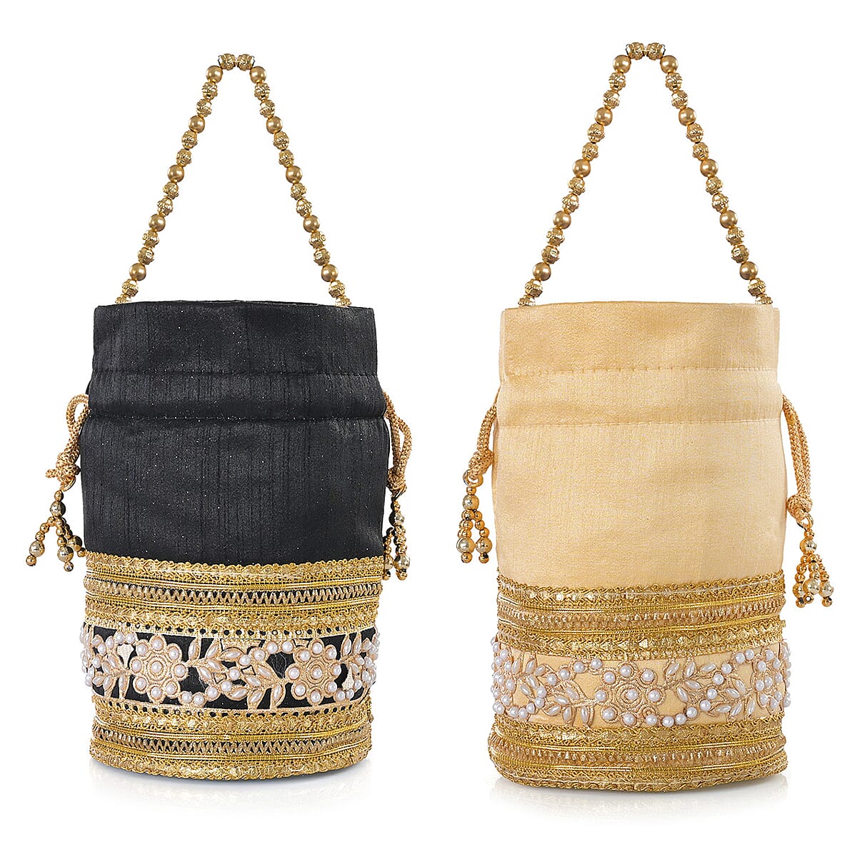 Livmore Black & Cream Set of 2 Handcrafted Zardozi Work Potli Bag image number 10