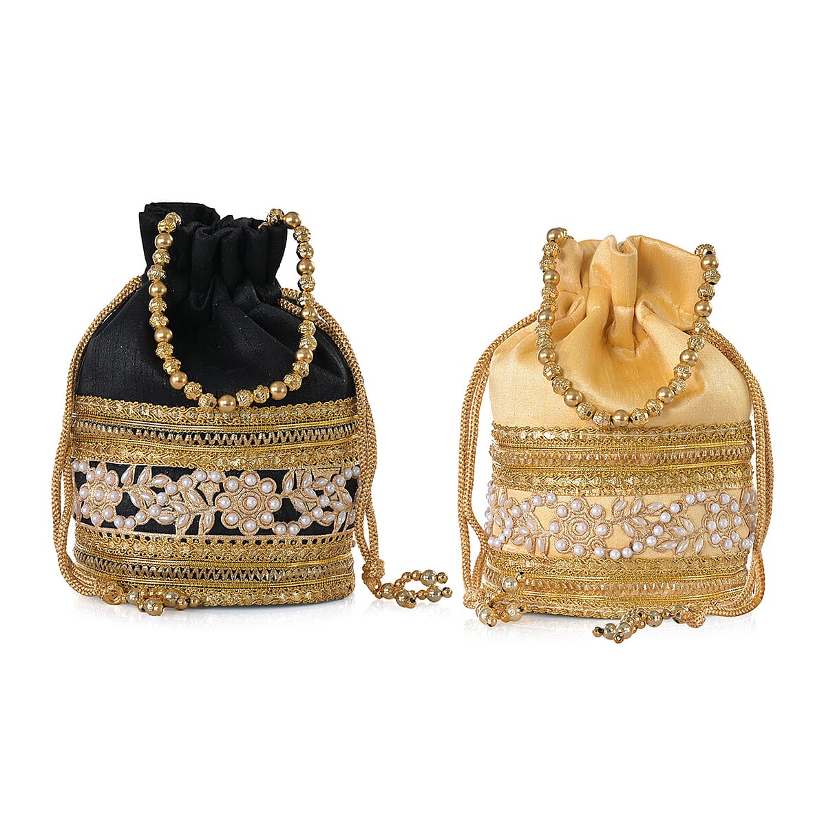 Livmore Black & Cream Set of 2 Handcrafted Zardozi Work Potli Bag image number 11