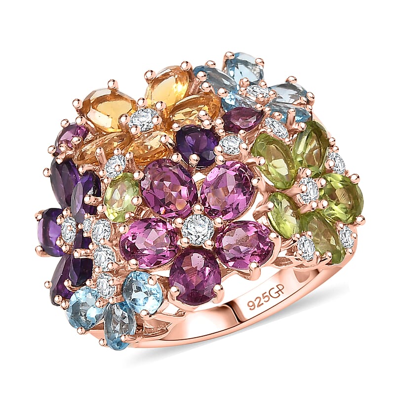 GP Italian Garden Collection Multi Gemstone 10.50 ctw Lantana Flower Ring in 18K Vermeil Rose Gold Over Sterling Silver (Size 10.0)