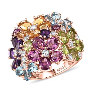 GP Italian Garden Collection Multi Gemstone 10.50 ctw Lantana Flower Ring in 18K Vermeil Rose Gold Over Sterling Silver (Size 6.0)