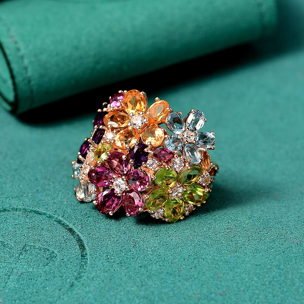 GP Italian Garden Collection Multi Gemstone 10.50 ctw Lantana Flower Ring in 18K Vermeil Rose Gold Over Sterling Silver (Size 6.0) image number 1