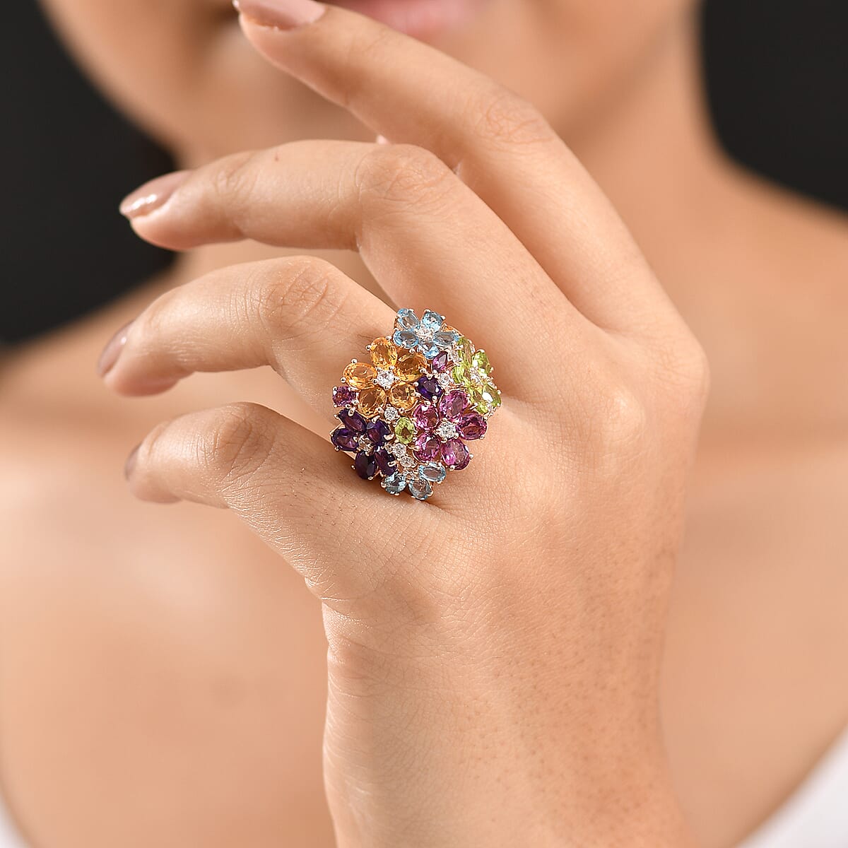 GP Italian Garden Collection Multi Gemstone 10.50 ctw Lantana Flower Ring in 18K Vermeil Rose Gold Over Sterling Silver (Size 6.0) image number 3