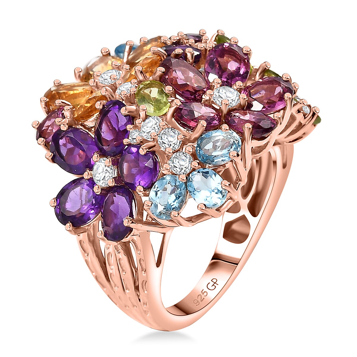 GP Italian Garden Collection Multi Gemstone 10.50 ctw Lantana Flower Ring in 18K Vermeil Rose Gold Over Sterling Silver (Size 6.0) image number 4