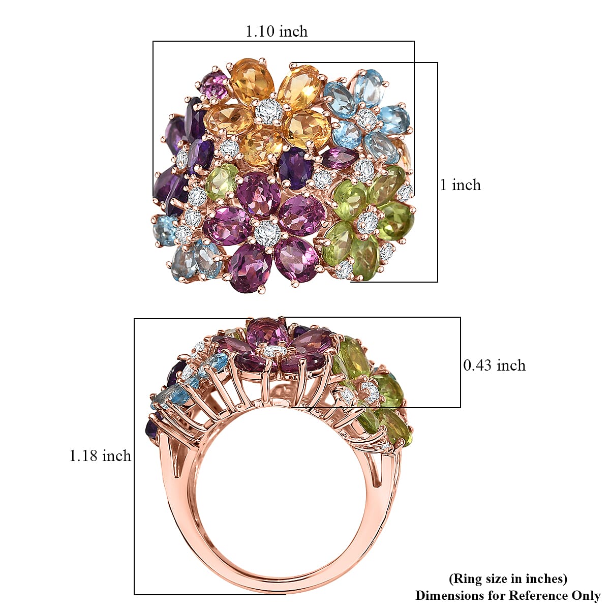 GP Italian Garden Collection Multi Gemstone 10.50 ctw Lantana Flower Ring in 18K Vermeil Rose Gold Over Sterling Silver (Size 6.0) image number 7