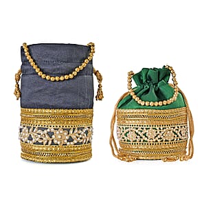 Livmore Green & Dark Gray Set of 2 Handcrafted Zardozi Work Potli Bag
