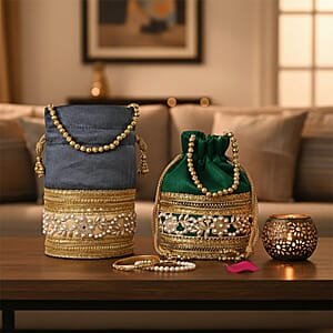 Livmore Green & Dark Gray Set of 2 Handcrafted Zardozi Work Potli Bag