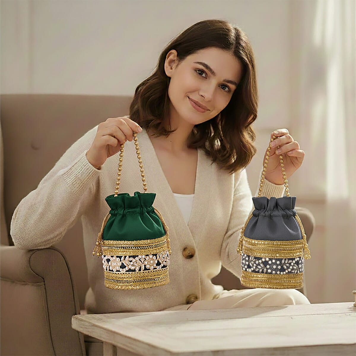 Livmore Green & Dark Gray Set of 2 Handcrafted Zardozi Work Potli Bag image number 4