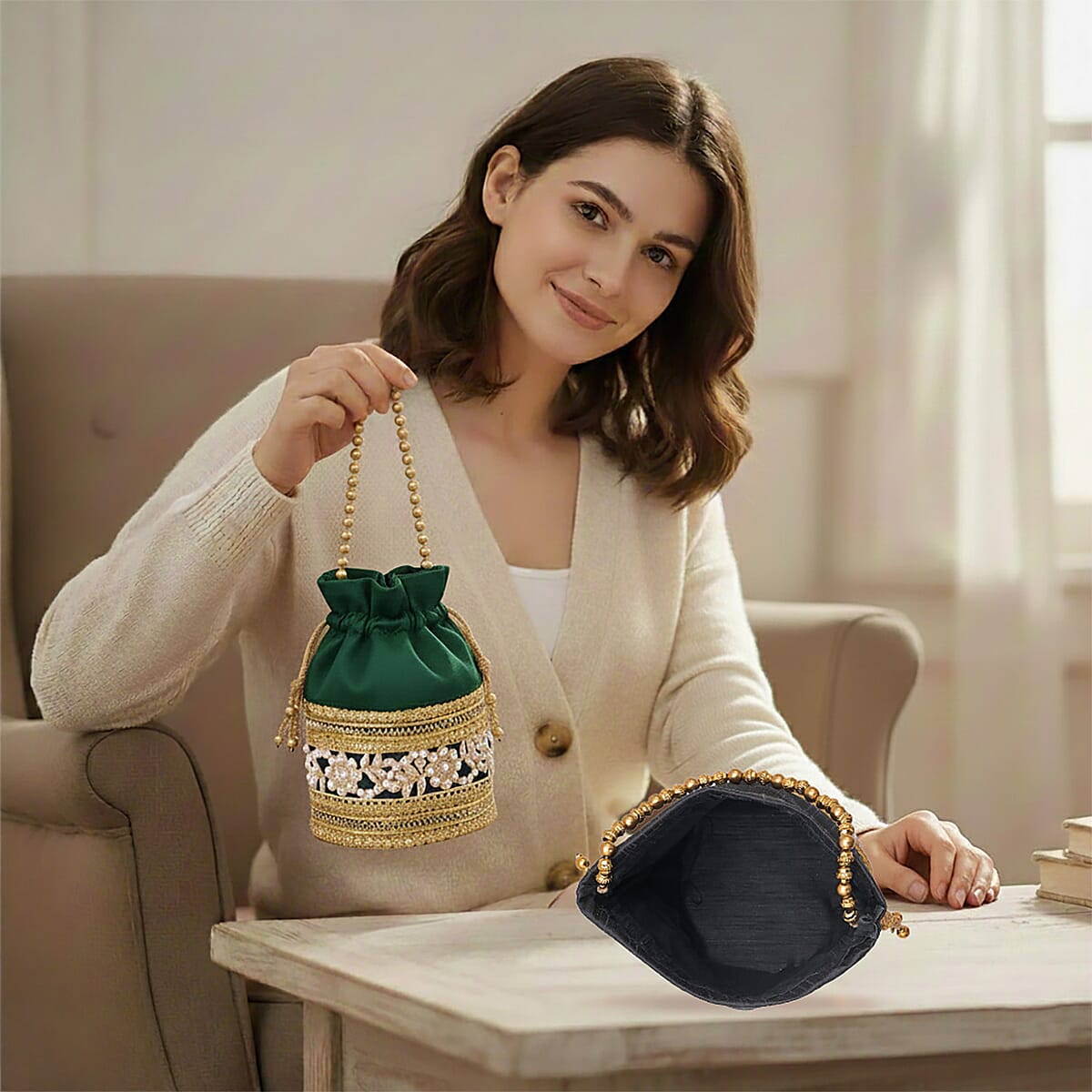 Livmore Green & Dark Gray Set of 2 Handcrafted Zardozi Work Potli Bag image number 5