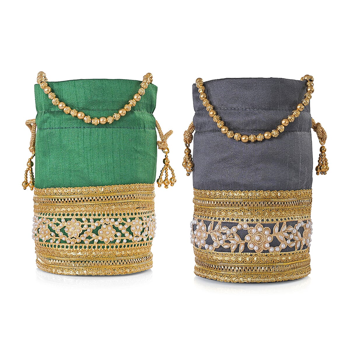 Livmore Green & Dark Gray Set of 2 Handcrafted Zardozi Work Potli Bag image number 6
