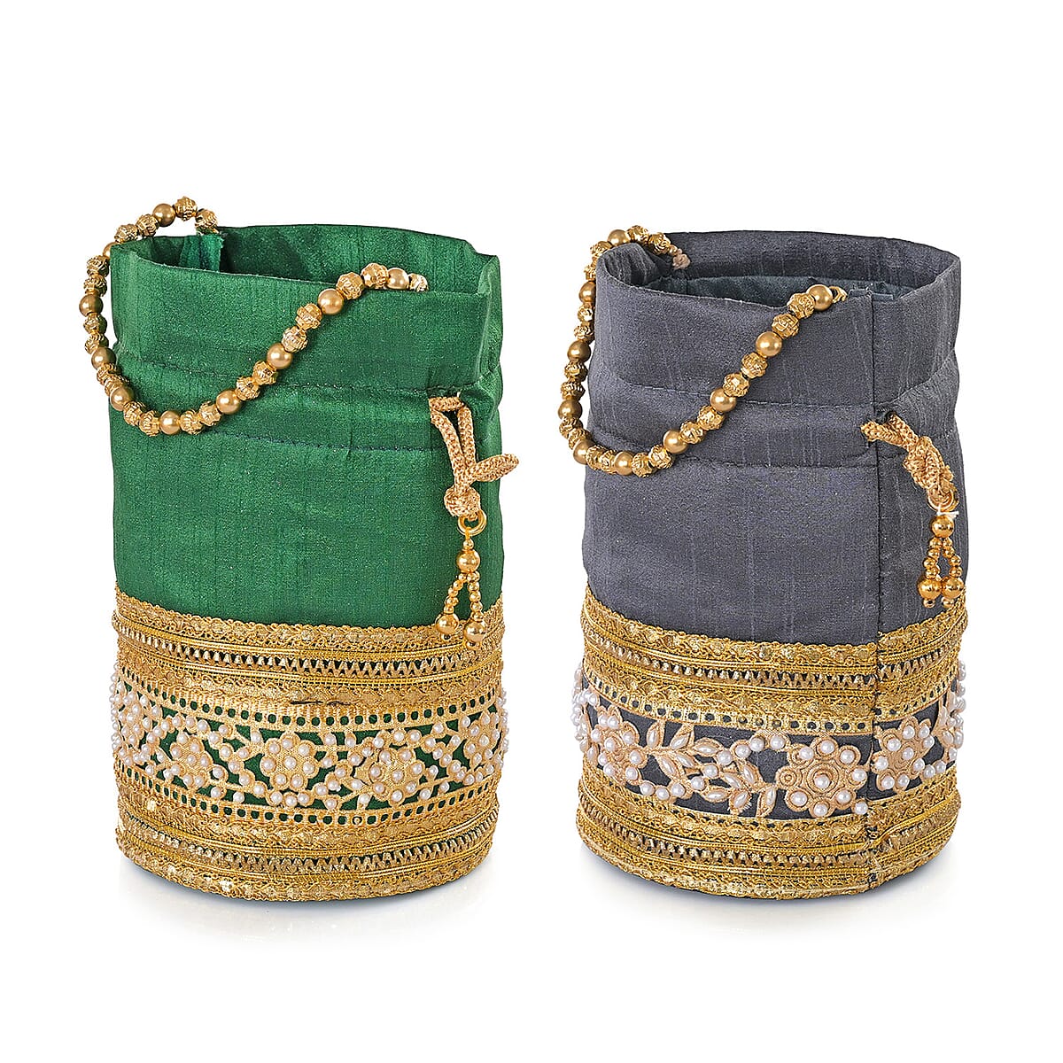 Livmore Green & Dark Gray Set of 2 Handcrafted Zardozi Work Potli Bag image number 7