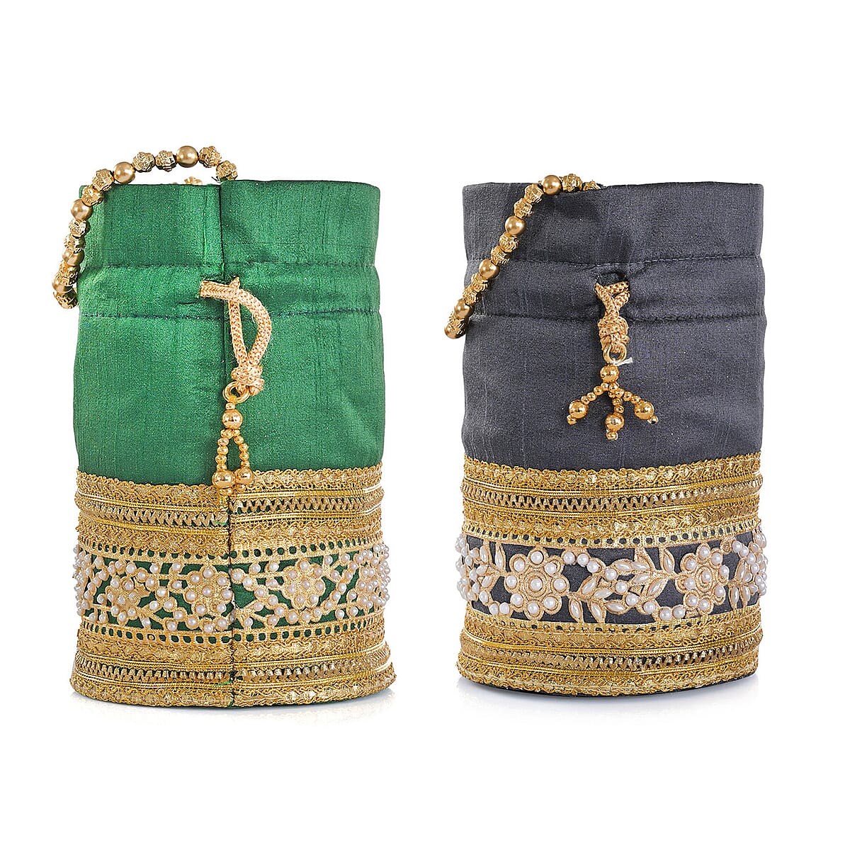 Livmore Green & Dark Gray Set of 2 Handcrafted Zardozi Work Potli Bag image number 8