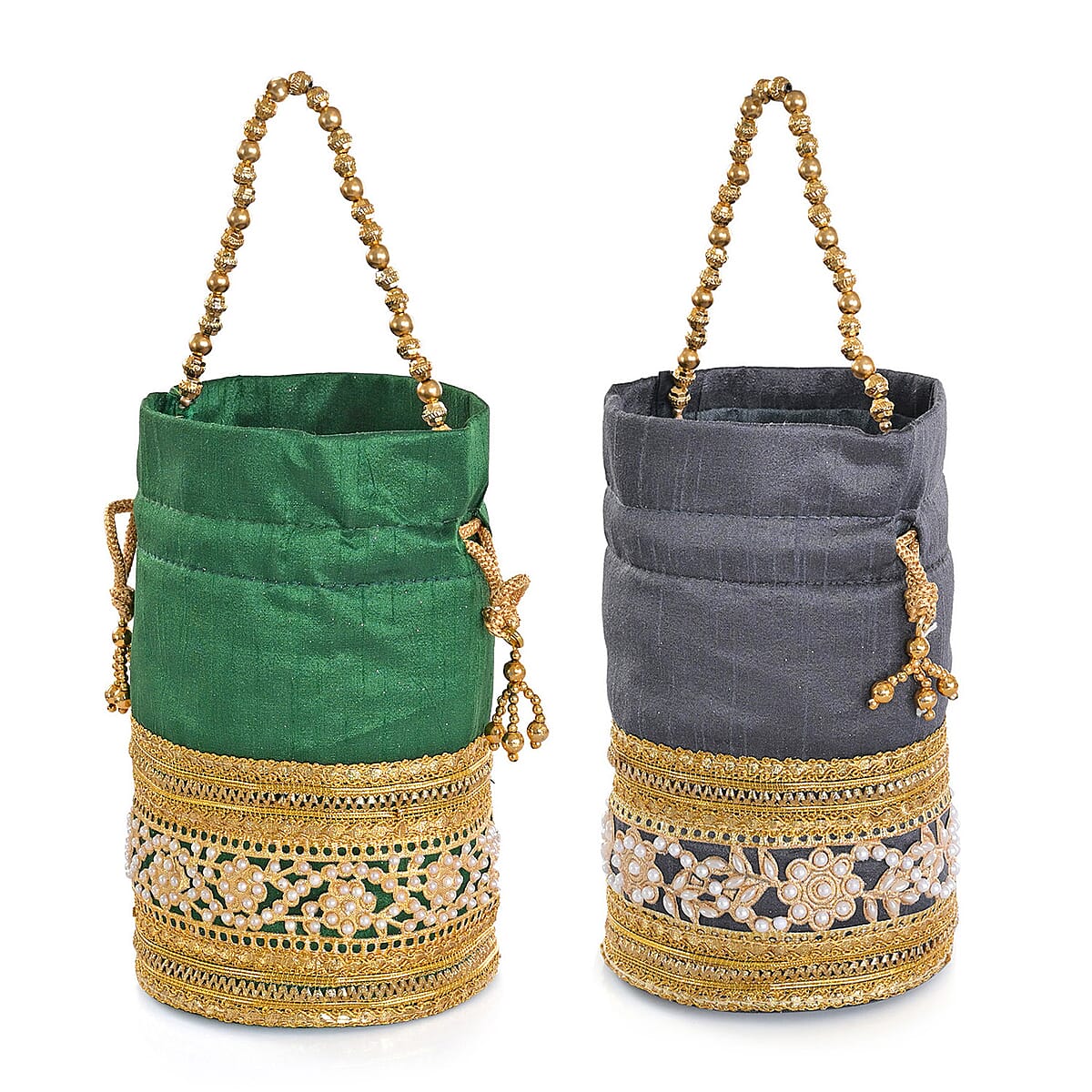 Livmore Green & Dark Gray Set of 2 Handcrafted Zardozi Work Potli Bag image number 9