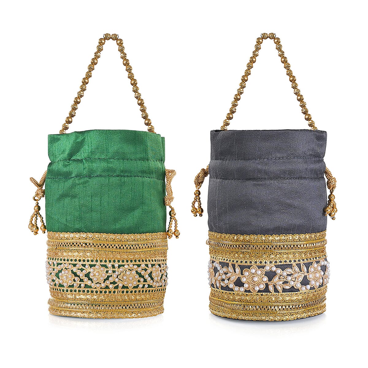 Livmore Green & Dark Gray Set of 2 Handcrafted Zardozi Work Potli Bag image number 10