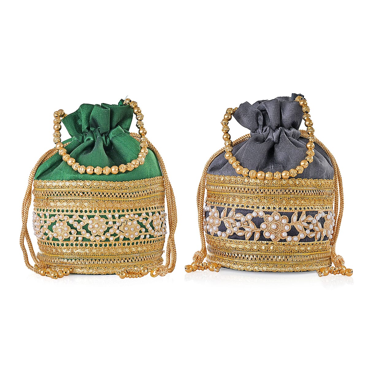 Livmore Green & Dark Gray Set of 2 Handcrafted Zardozi Work Potli Bag image number 11