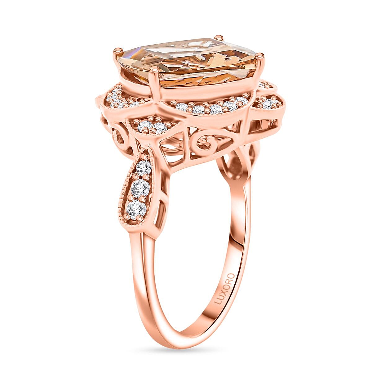 Doorbuster Luxoro AAA Marropino Morganite and G-H I2 Diamond 7.00 ctw Ring in 10K Rose Gold (Size 9.0) 4.74 Grams image number 3