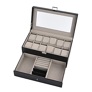 Livemore Black Faux Leather 2 Layer Watch Box with Glass Window 
