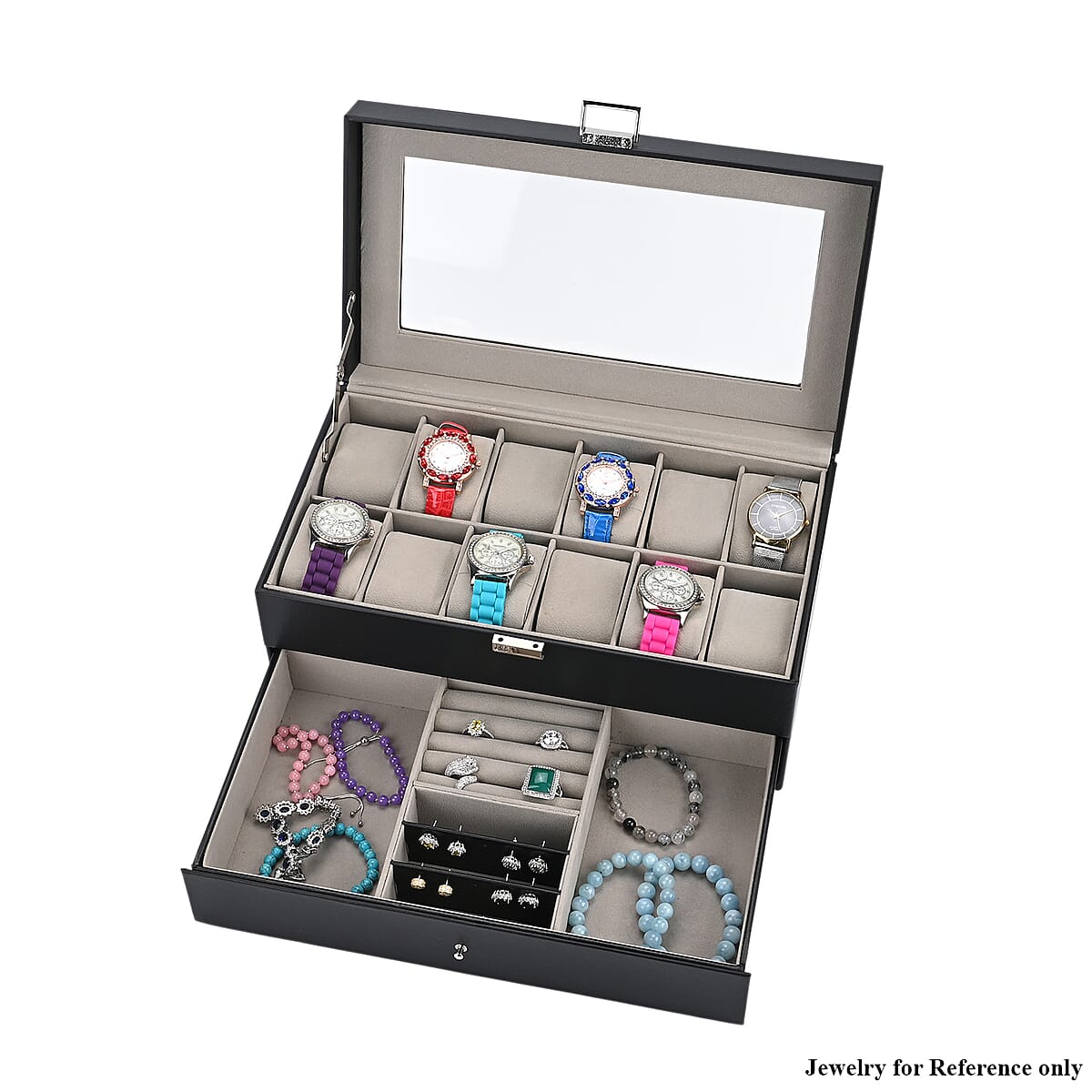 Livemore Black Faux Leather 2 Layer Watch Box with Glass Window  image number 2