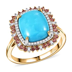 Luxoro Premium Sleeping Beauty Turquoise, Padparadscha Sapphire and I2 Diamond 5.20 ctw Sunset Empress Ring in 10K Yellow Gold (Size 10.0)