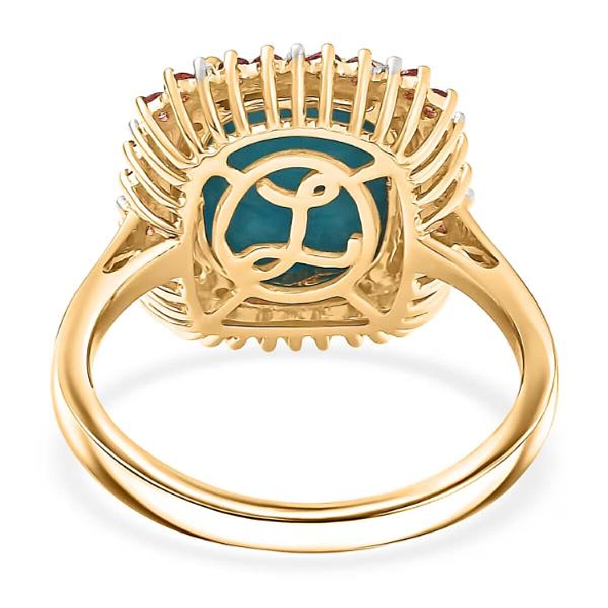 Luxoro Premium Sleeping Beauty Turquoise, Padparadscha Sapphire and I2 Diamond 5.20 ctw Sunset Empress Ring in 10K Yellow Gold (Size 11.0) image number 6